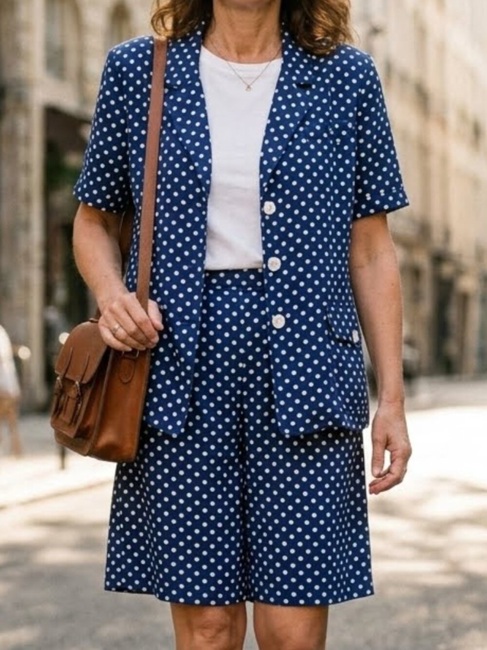 Vintage Woman's Linea Privata Two-Piece Blue White Polka Dot Culottes Suit Set